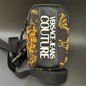 VERSACE JEANS COUTURE Black Iconic All-over Pattern Logo Nylon Compact Sling Bag